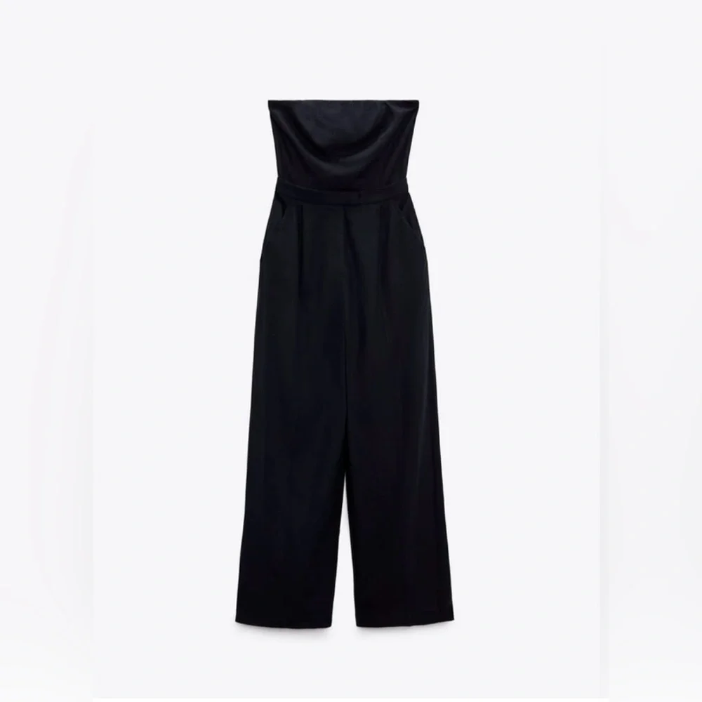 Zara Strapless Linen Blend Jumpsuit Straight
Neck Wide Leg Navy Boho Blogger - Picture 3 of 5